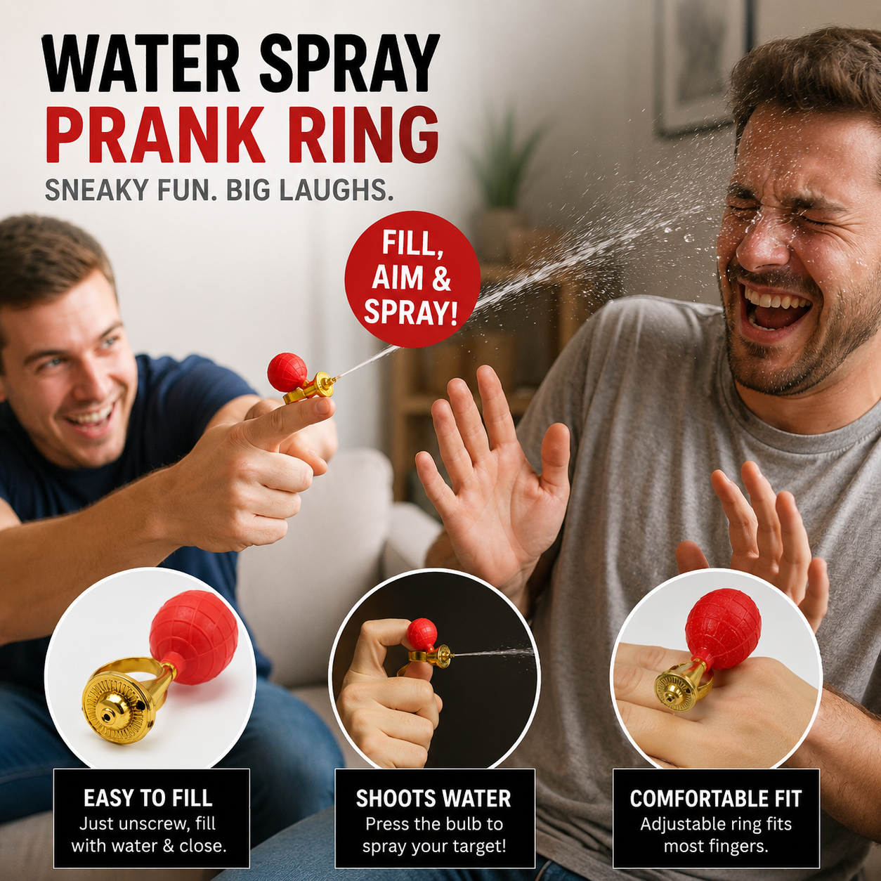 Hidden Water Spray Prank Ring – Funny Surprise Gag Toy for Parties & Office Pranks