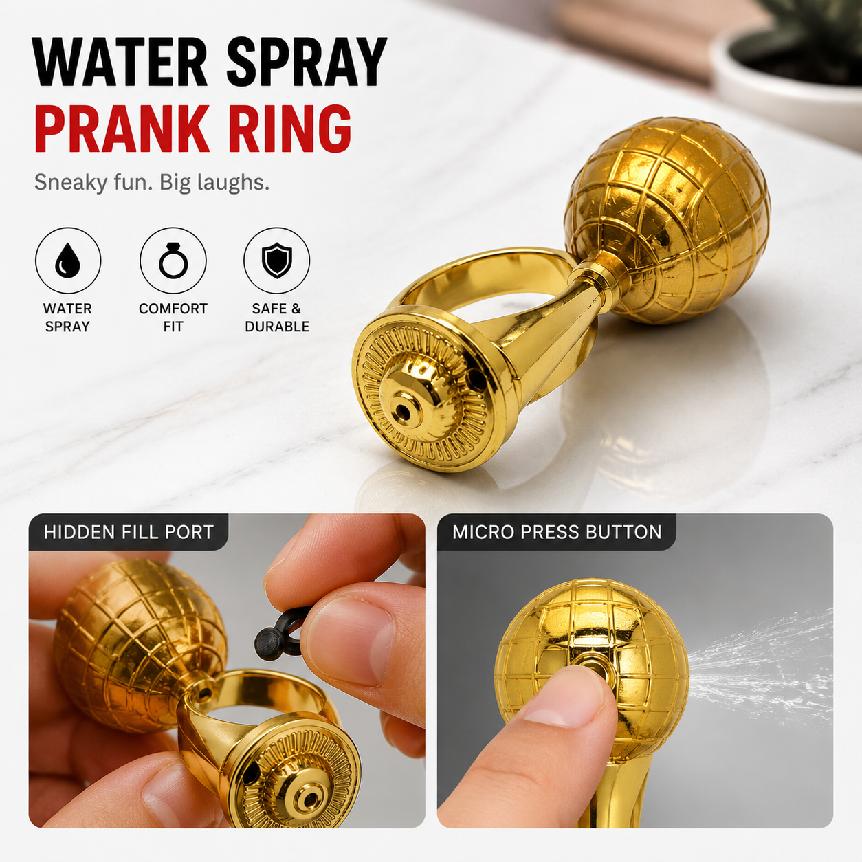 Hidden Water Spray Prank Ring – Funny Surprise Gag Toy for Parties & Office Pranks