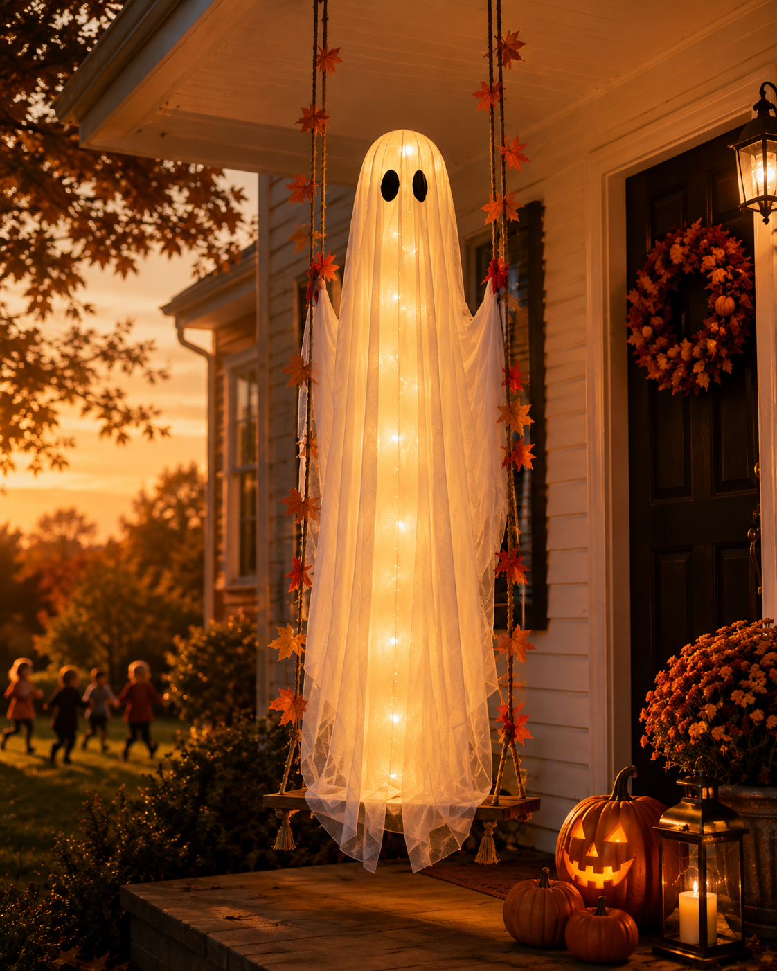 👻5FT Light-Up Ghost Swing – Remote-Controlled Halloween Porch Decor