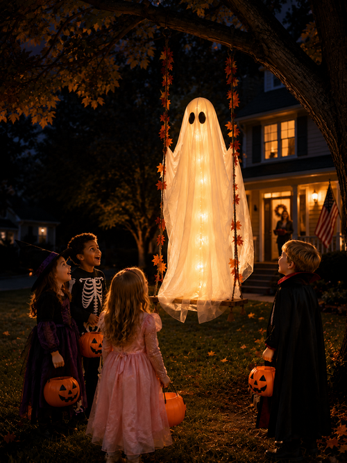👻5FT Light-Up Ghost Swing – Remote-Controlled Halloween Porch Decor